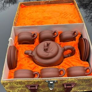 Vintage Boxed Yixing Swirl Clay Teapot Cups Saucers Set All Pieces Marked